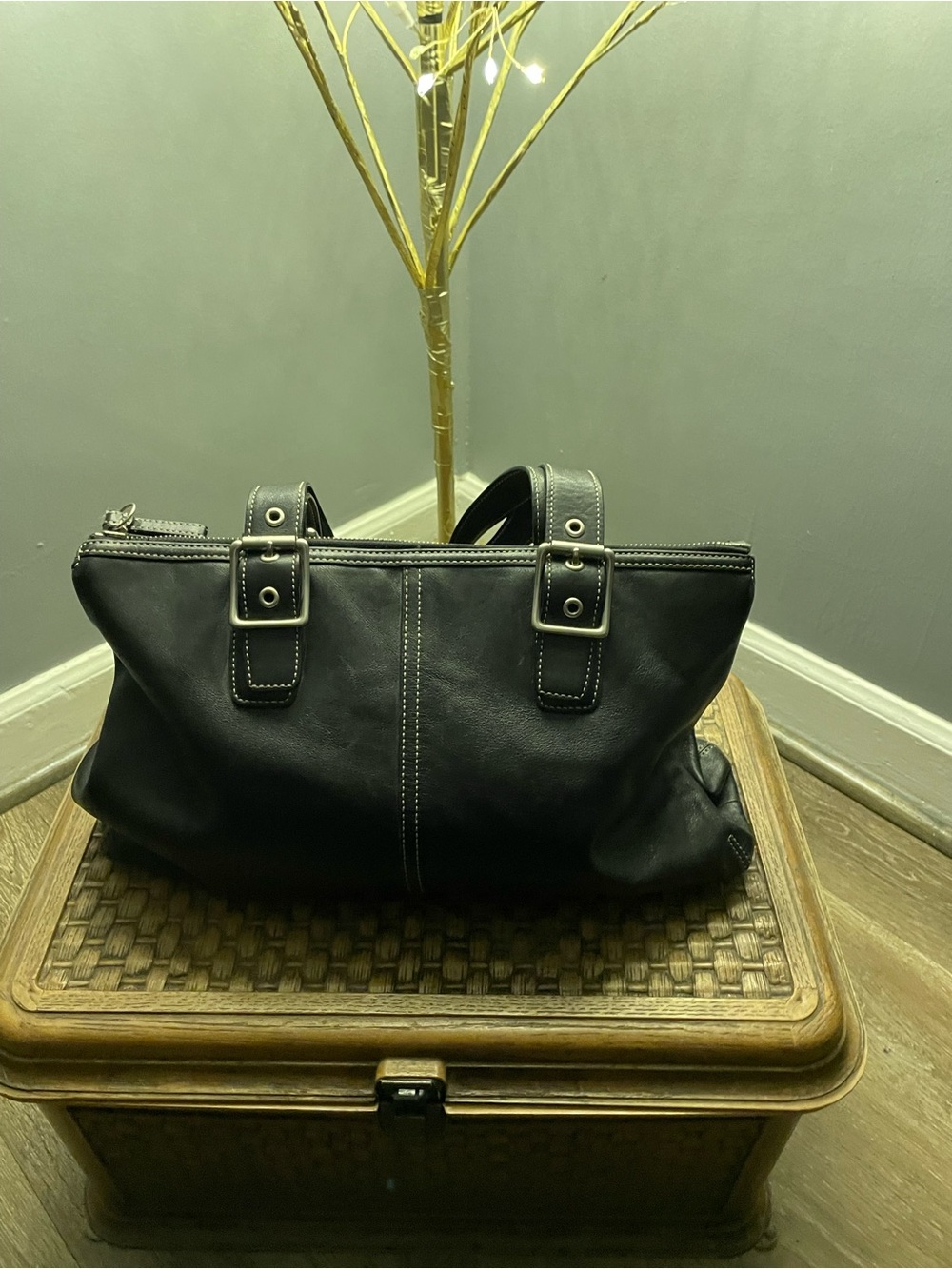 Coach Black Leather Shoulder Tote with Contrast Stitching